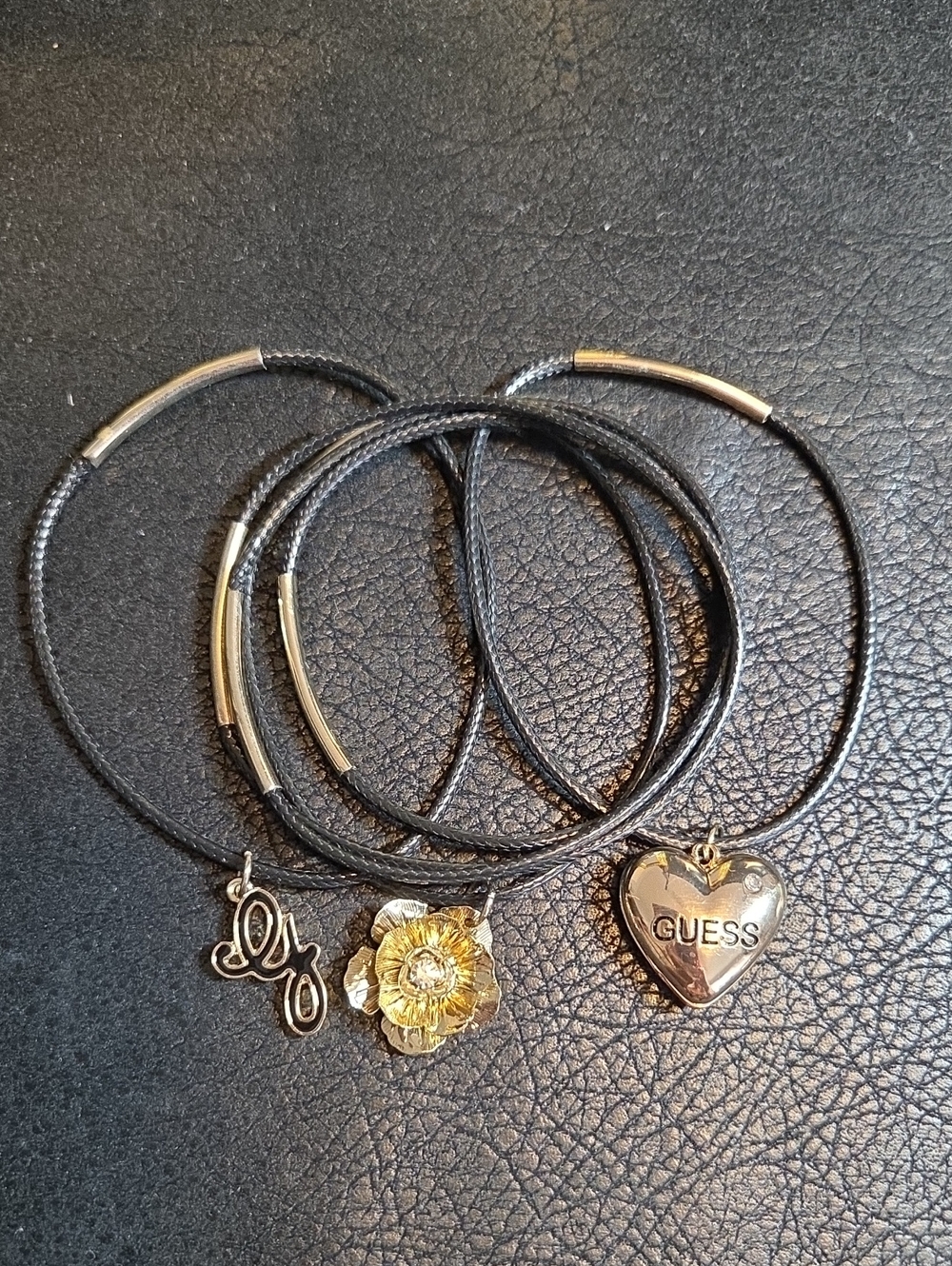 GUESS Black Faux Leather Bracelet Set with Goldtone Charms *Set Of 6*